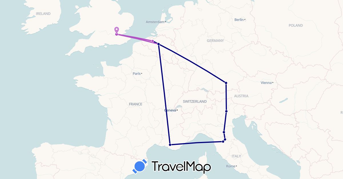 TravelMap itinerary: driving, train in Belgium, Germany, France, United Kingdom, Italy (Europe)